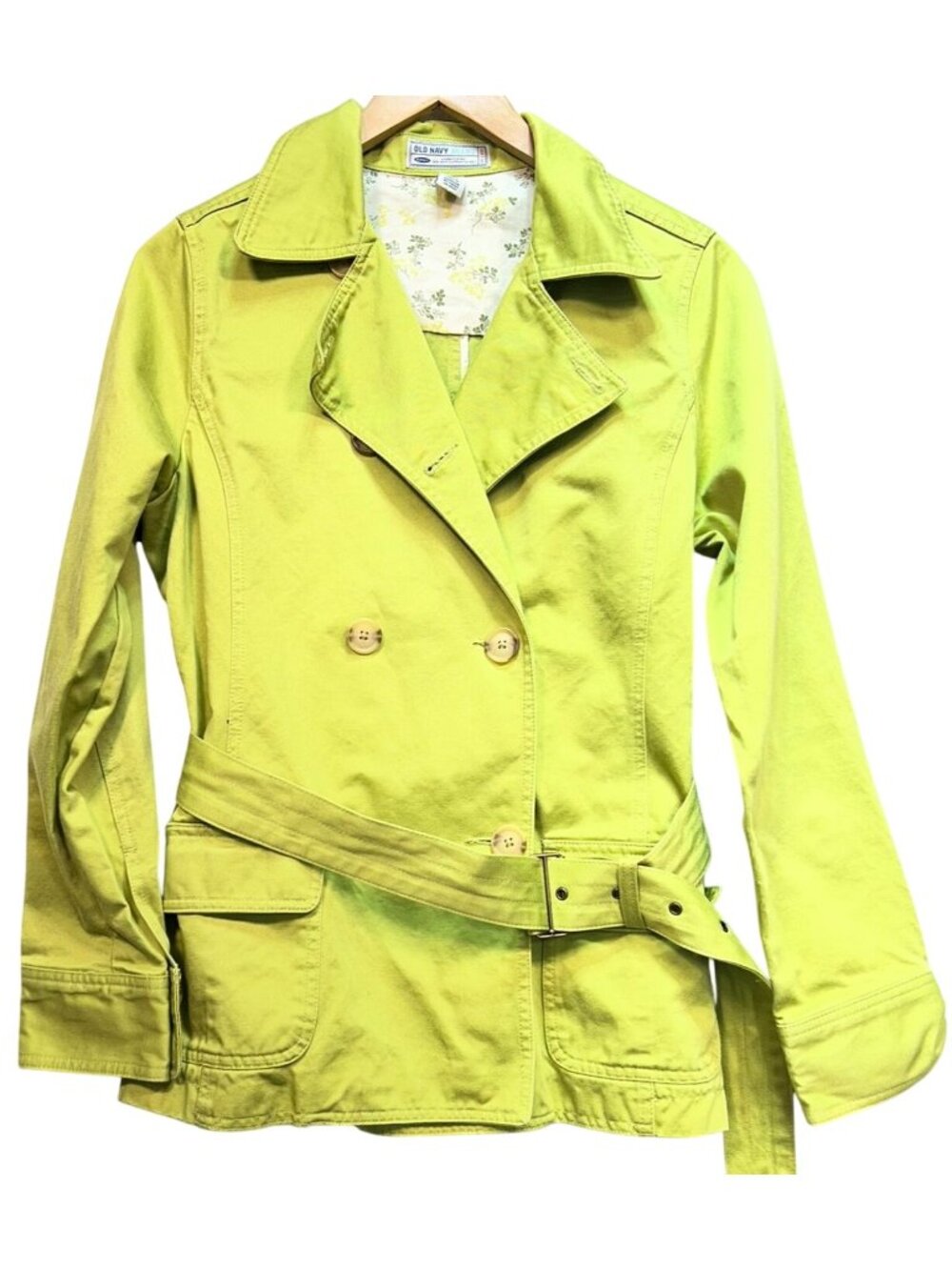 Old Navy Womens Double Breasted Belted Trench Coat Long Sleeve Size L Lime Green